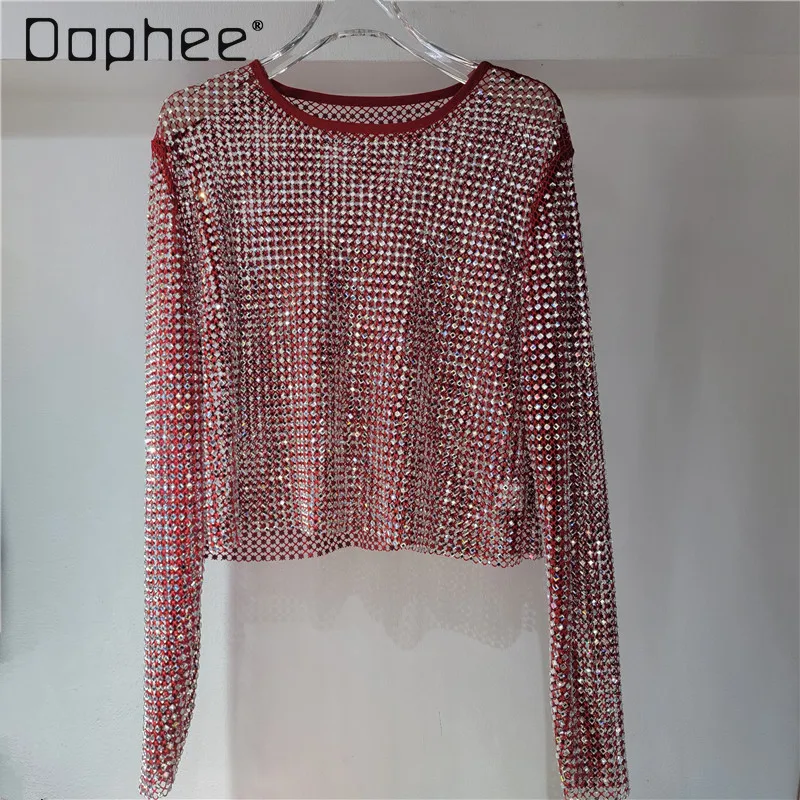 Top de manga larga con cuello redondo y cuentas de diamantes de imitación de gama alta de lujo, ropa interior de estilo de hadas, camisa Base calada brillante, Top Sexy único