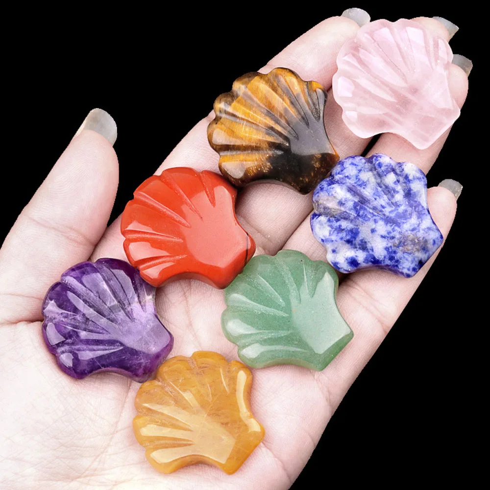 3pcs Natural Stone Ornaments Scallop Clear Quartz Green Aventurines Beads Spiritual Healing Gemstone Room Decoration 30x30mm