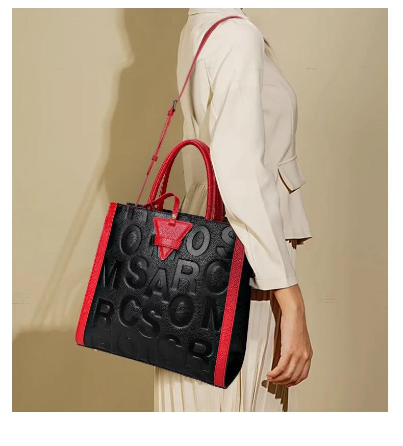 Schwarz-Rote Leder-Tragetasche für Damen mit Geprägtem Alphabet, Verstellbarem Riemen und Mehreren Taschen - Tägliche Crossbody-Shopper-Tasche – Detail 2