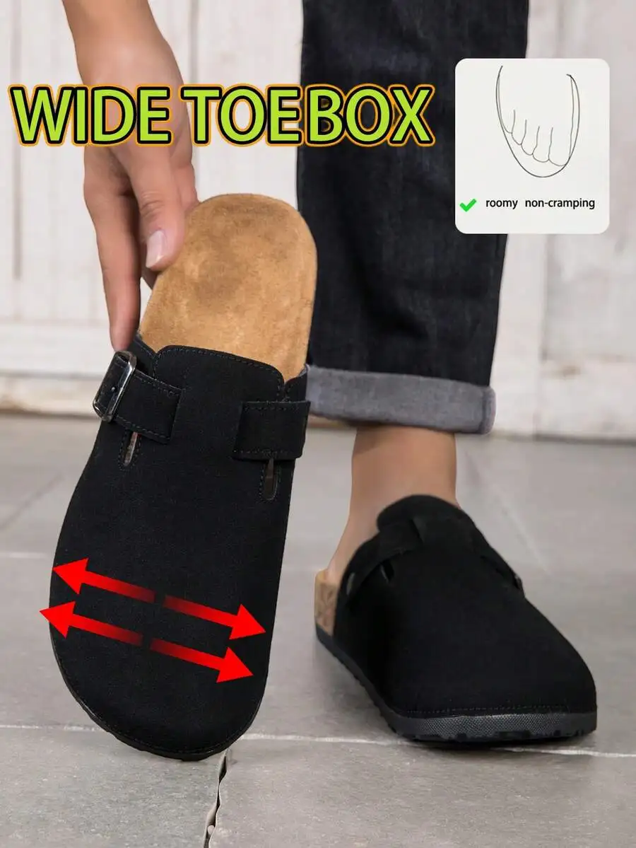

Black Indoor/Outdoor Slippers For Men, Slip-On Design With Square Metal Buckle, Breathable Cork-Like Lining And PVC Traction