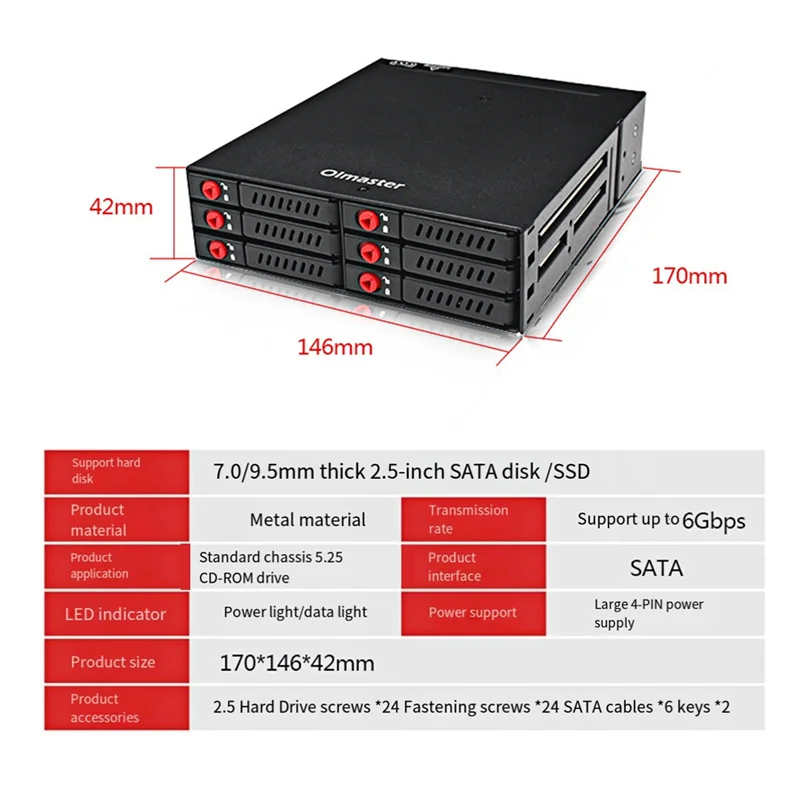 

OImaster 6-поточный 2,5-дюймовый SATA SSD HDD Корпус для мобильной стойки/корпуса Корпус для жесткого диска Стойка для хранения данных для привода 5,25 BayJAS