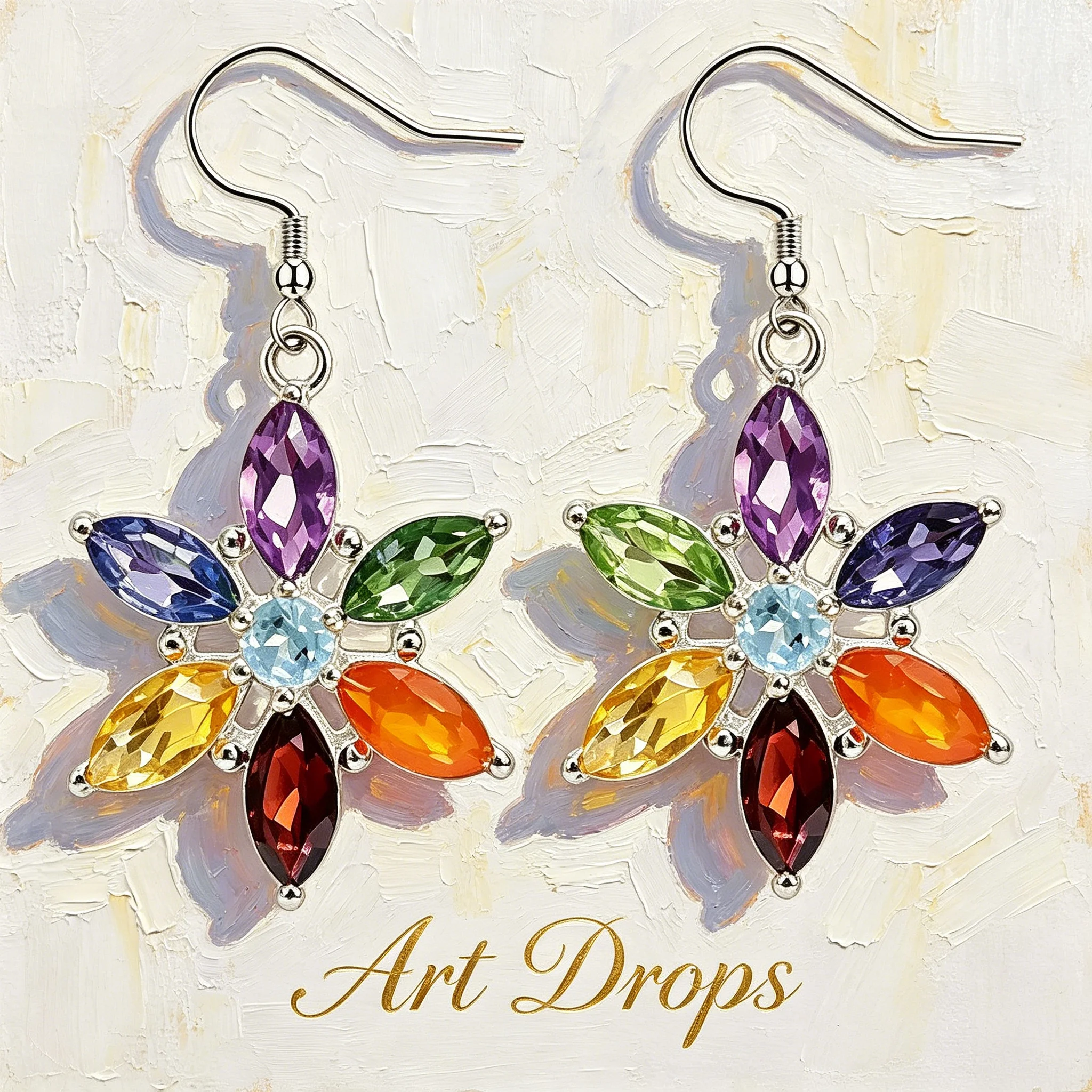 Colorful Chakra Flower Dangle Earrings Silver Tone Rainbow Inlay for Women Yoga Spiritual Boho Daily Wear Gift