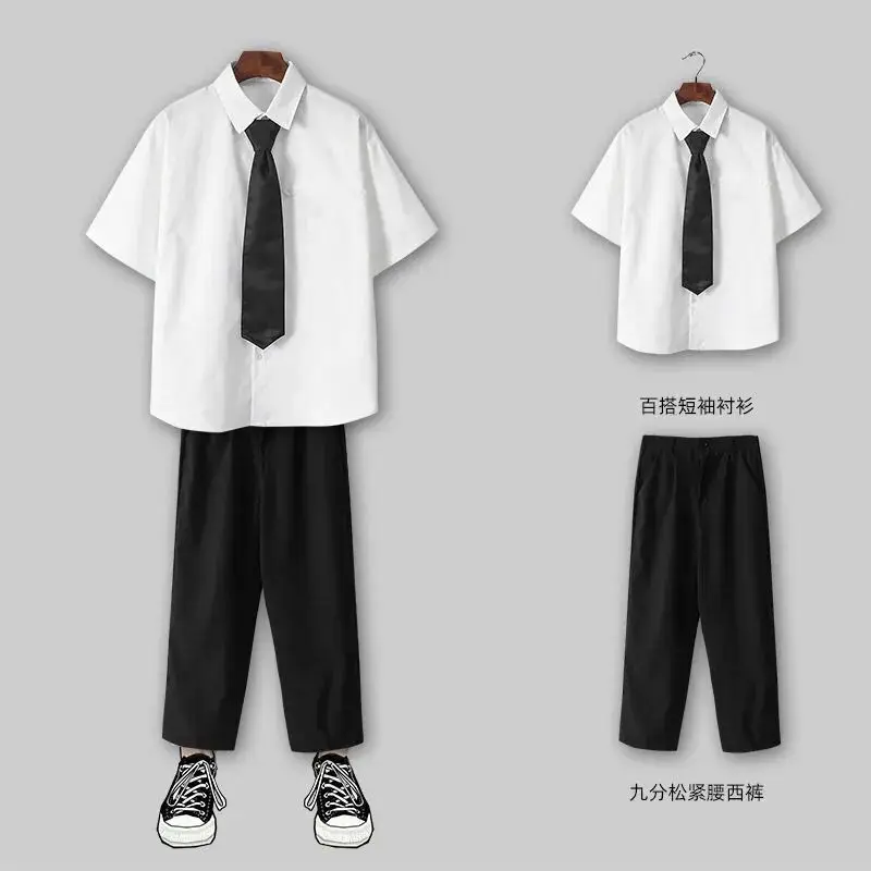 2 قطع DK موحدة الرجال قصيرة الأكمام قميص أبيض الكورية نمط العصرية مجموعة JK كلية نمط التخرج البدلة