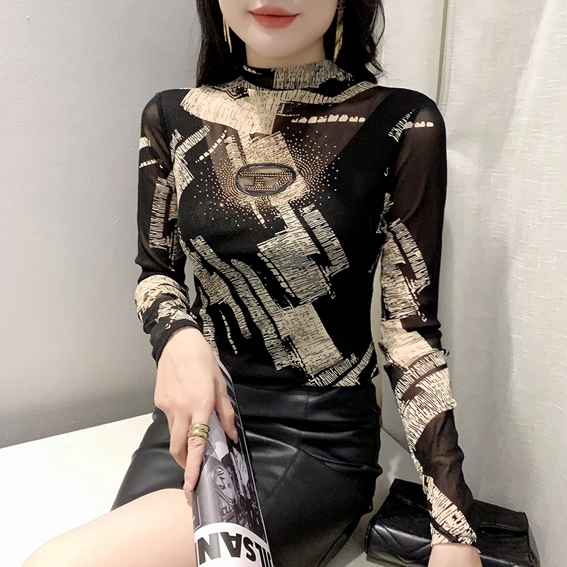 Black Korean Style Fall Winter T-Shirt Sexy Mock Neck Print Leopard Patchwork Shiny Diamonds Women Tops Long Sleeve Tees New 471