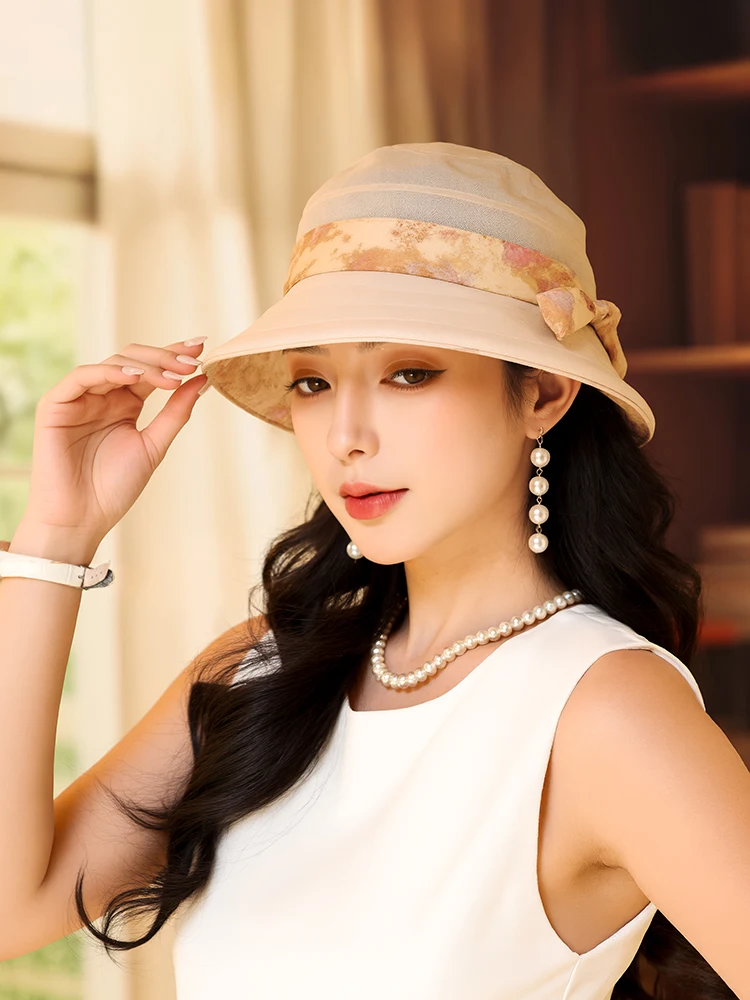 elegant-silk-hat-for-women-summer-knot-foldable-sunscreen-adjustable-round-top-short-brim-hat-plant-floral-pattern
