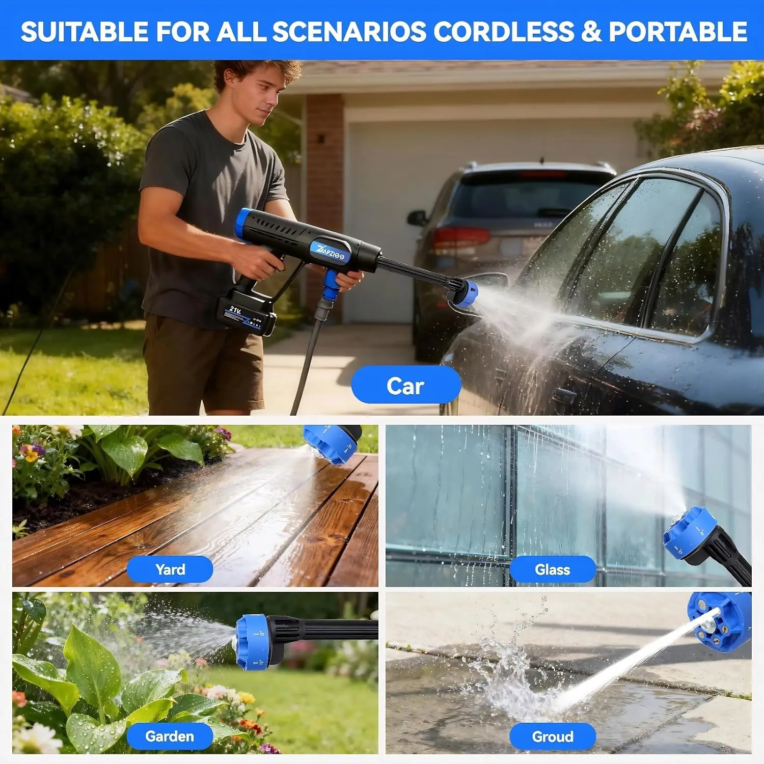 Portable 21V Cordless Pressure Washer, 1200PSI, Dual Water Source, 6-in-1 Nozzle, 16FT Hose, Battery & Charger – Handheld Cleane