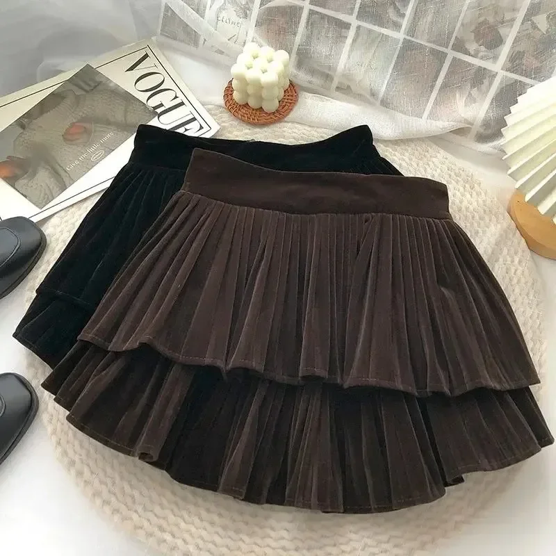 

Korean Pleated Skirt High Waist A-line Saia Fashion Mini Skirts Women Clothing Vintage Velvet Jupe 2024 Faldas Mujer De Moda