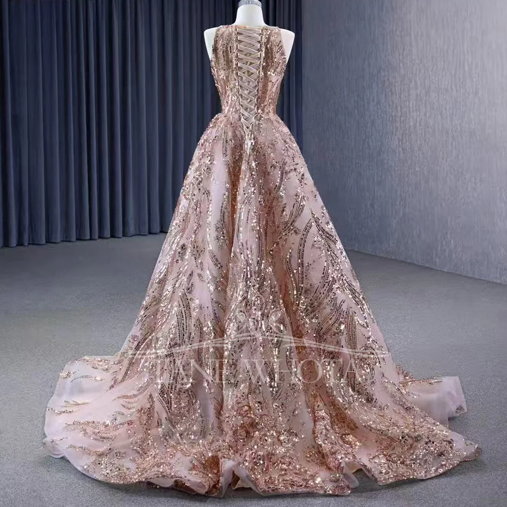 فستان سهرة بدون أكمام برقبة دائرية ورباط من الخلف ومطرز بالكريستال وقابل للتخصيص لملابس الحفلات