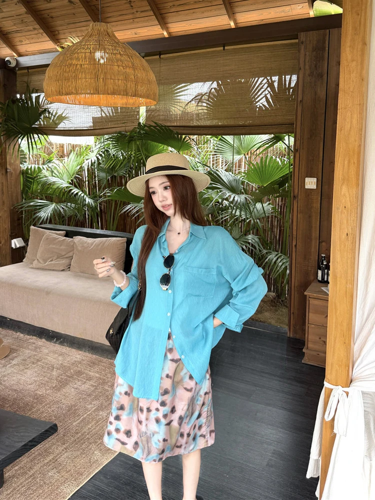 

Laid-back Retro Loose Midi Long Sleeve Shirt Print Half-length Skirt Women's 2026 Summer New Fashion Set Casual Style