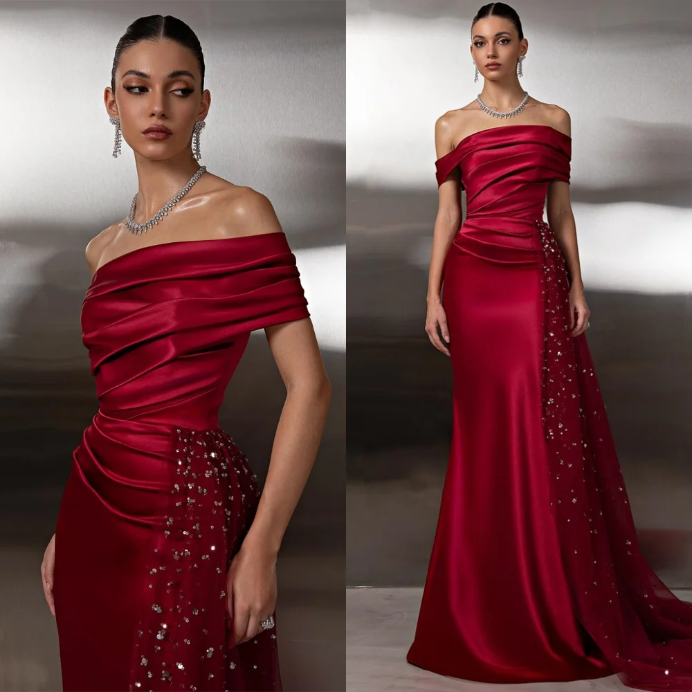 

Customized Elegant Burgundy Satin Celebrity Gowns Charming Off the Shoulder Evening Dress Exquisite Special Occasion Gowns