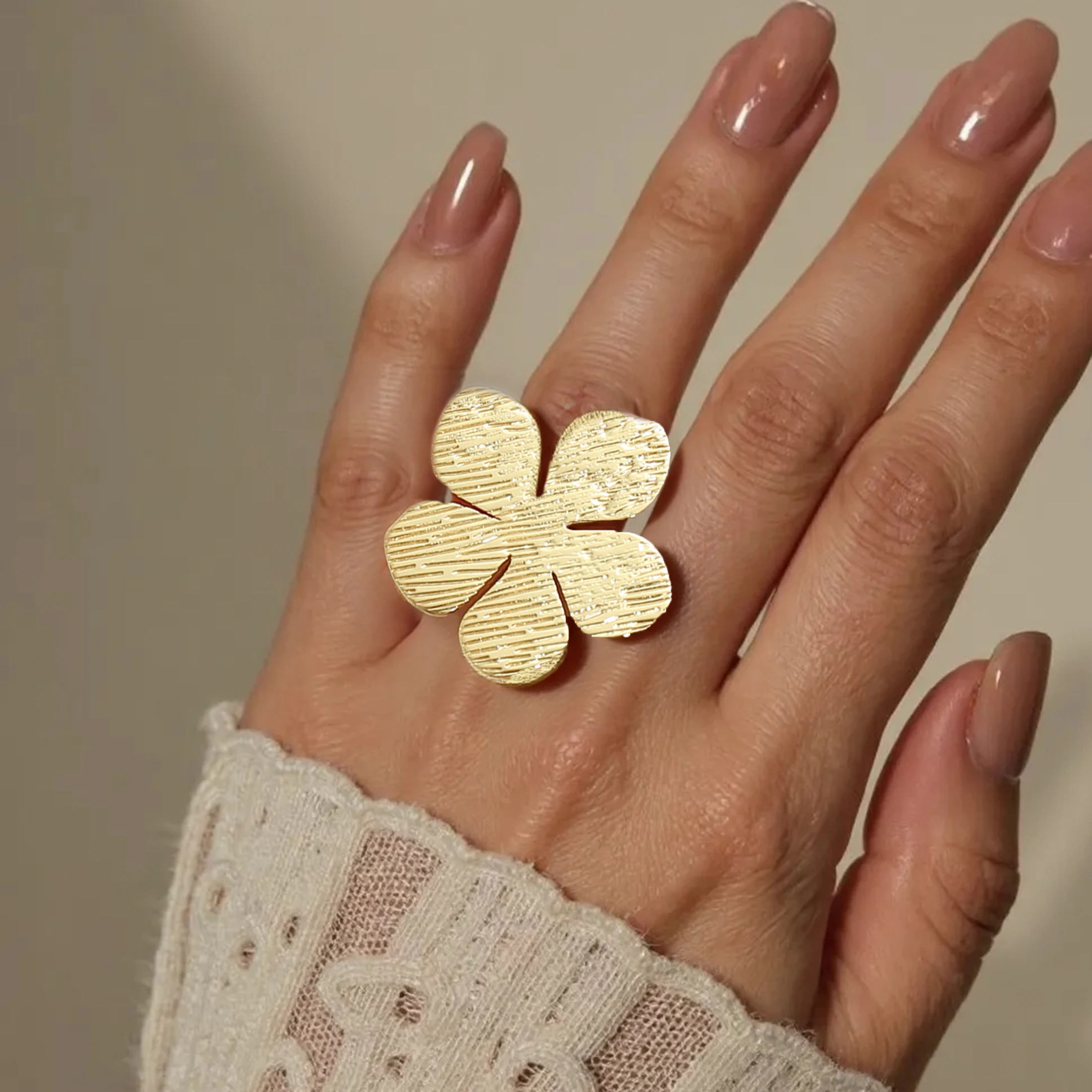 Golden Plated Brushed Flower Open Adjustable Ring for Women Elegant Statement Jewelry Gift
