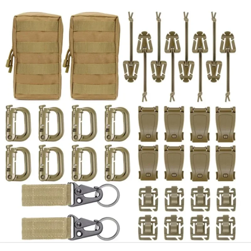 36Pcs Khaki Attachments Tactical Backpack MOLLE Bag D-Ring Locking Gear Clip Elastic Strings Strap Hydration Tube Clips Key Ring