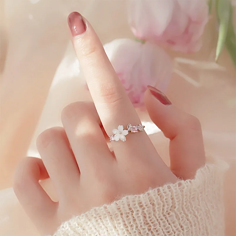 New Crystal Shell Flower Zircon Open Ring Cherry Blossoms Sakura Leaf Adjustable Wedding Rings for Women Girl Sweet Jewelry Gift