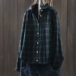 Fall clothes 2024 women cotton yarn dark green check shirts and blouse for women Japanese retro lapel long sleeve tops