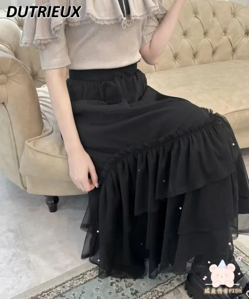 

Japanese Style RJ New Sweet Girls Pearl Yarn Irregular Long Skirt Daily Commuter's All-Matching Fairy Maxi Skirts for Women