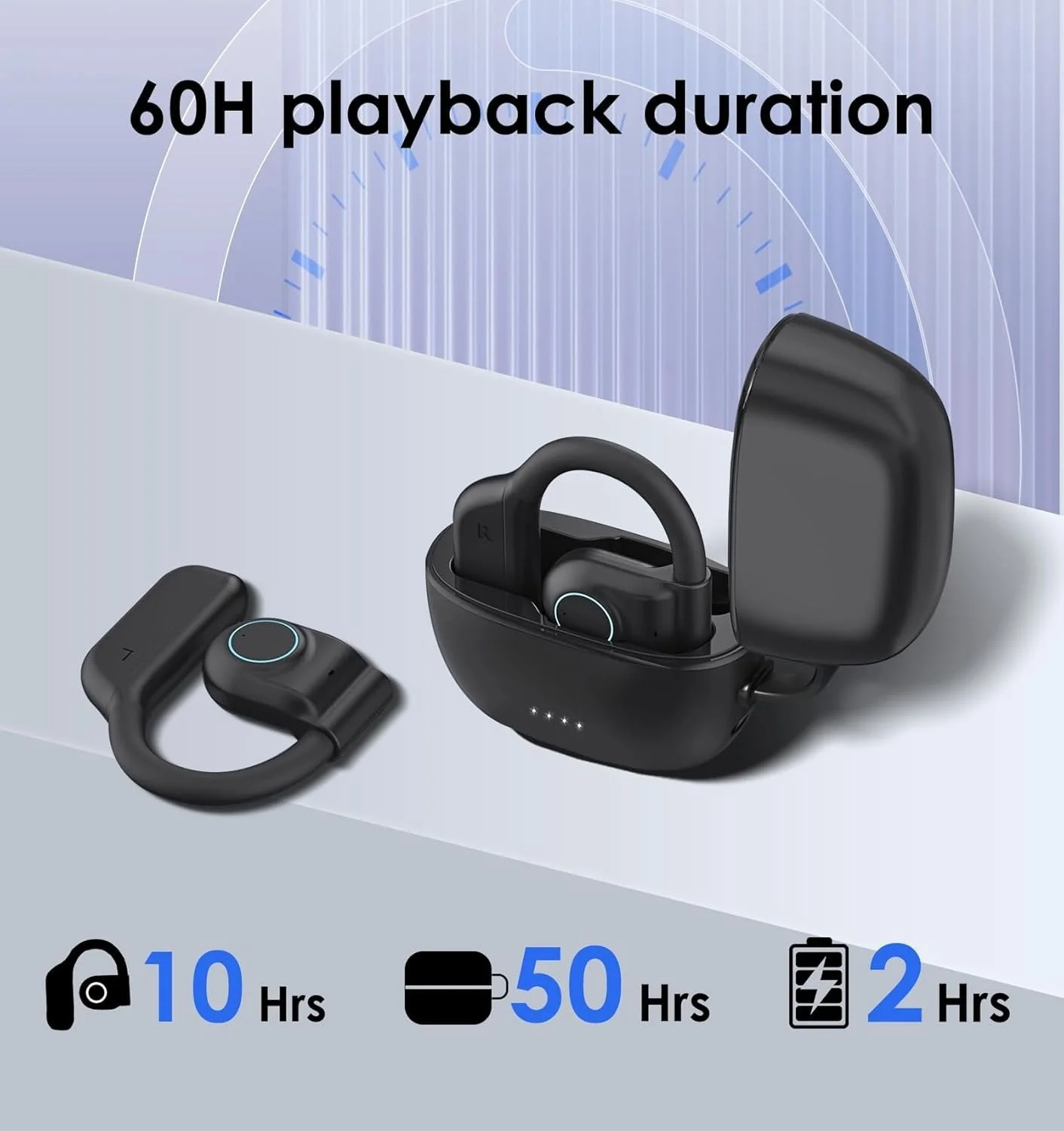 

Open Ear Wireless Bluetooth 5.3 Earbuds Ear Hanging with mic Black 60Hrs Playtime ipx5 Waterproof Sports for Gym Running Gaming