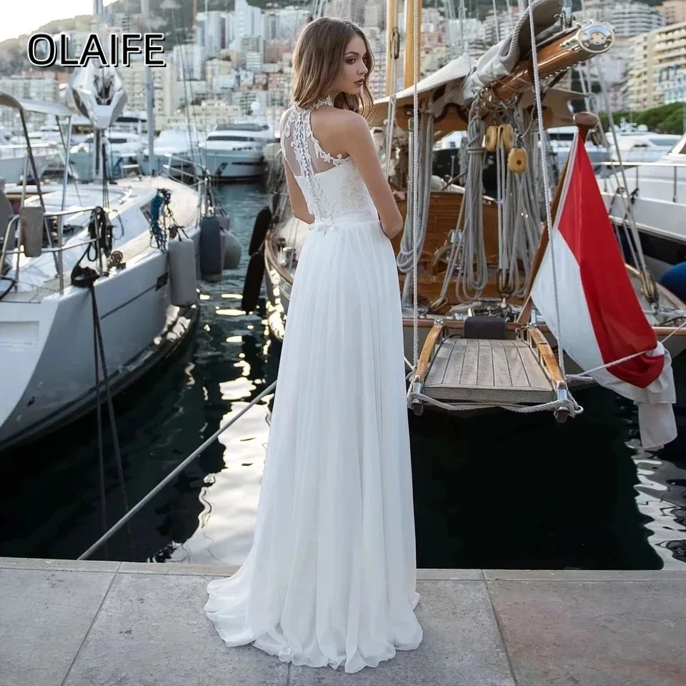 Olaife Elegant Chiffon Wedding Dresses Beach Applique Lace Bride Gown Halter Neck Sleeveless Boho Princess Party Gowns