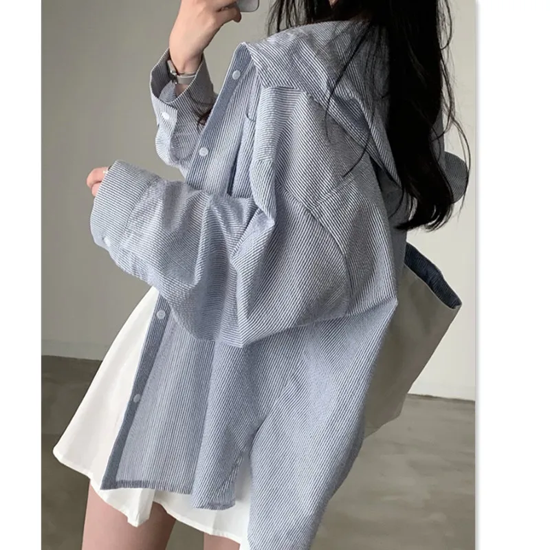 Plus size 300 pou feminino preguiçoso listrado irt primavera outono solto emagrecimento com capuz longo sve coreano sle colarinho impresso