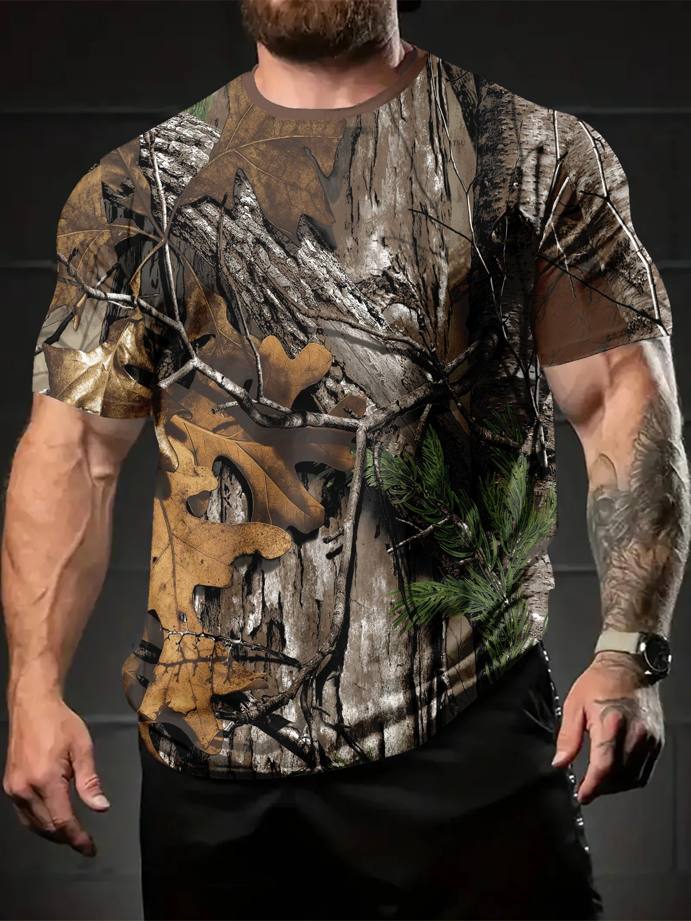Men Crew Neck Short Sleeve T-Shirt, Tree Bark Autumn Leaves Forest Camo Graphic Print
