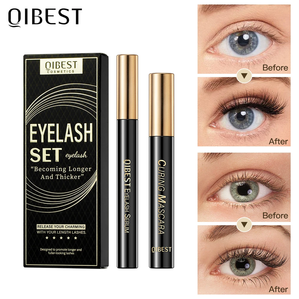 QIBEST-juegos de pestañas, máscara negra y suero para el crecimiento de pestañas, máscara nutritiva para mejorar el rímel, rizado, alargamiento grueso, cosmético para pestañas