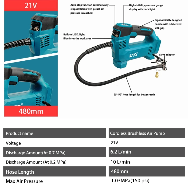 ATO Car Tire Infltable Pump Digital Inflator Equipment Portable Rechargeable Brushless Cordless Air Pump for Makita 18V Battery