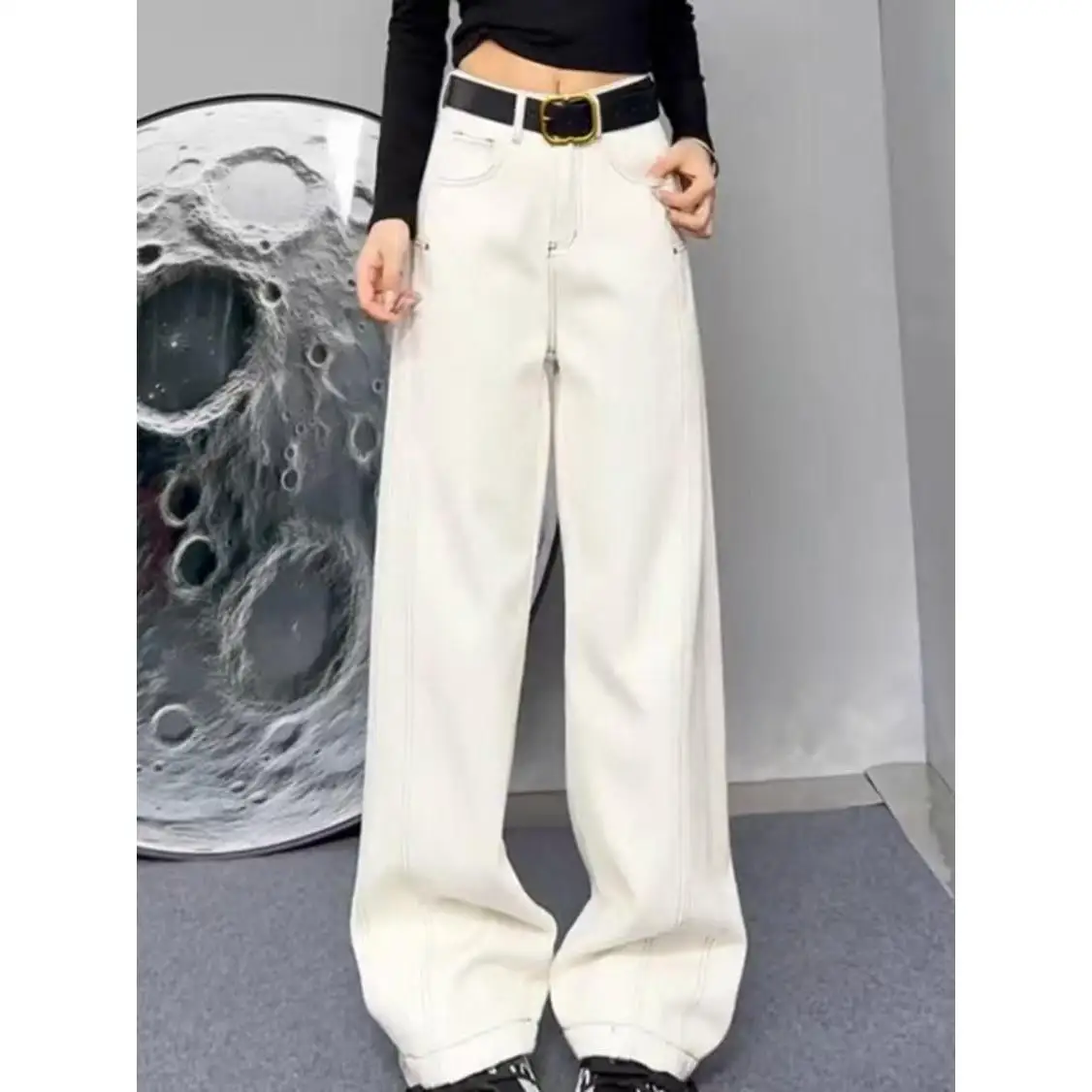 

plus Size Women's White Denim Jeans High Waist Wide Leg Pants Long Floor Length Slimming Taller Pear ape Body Fit Casual