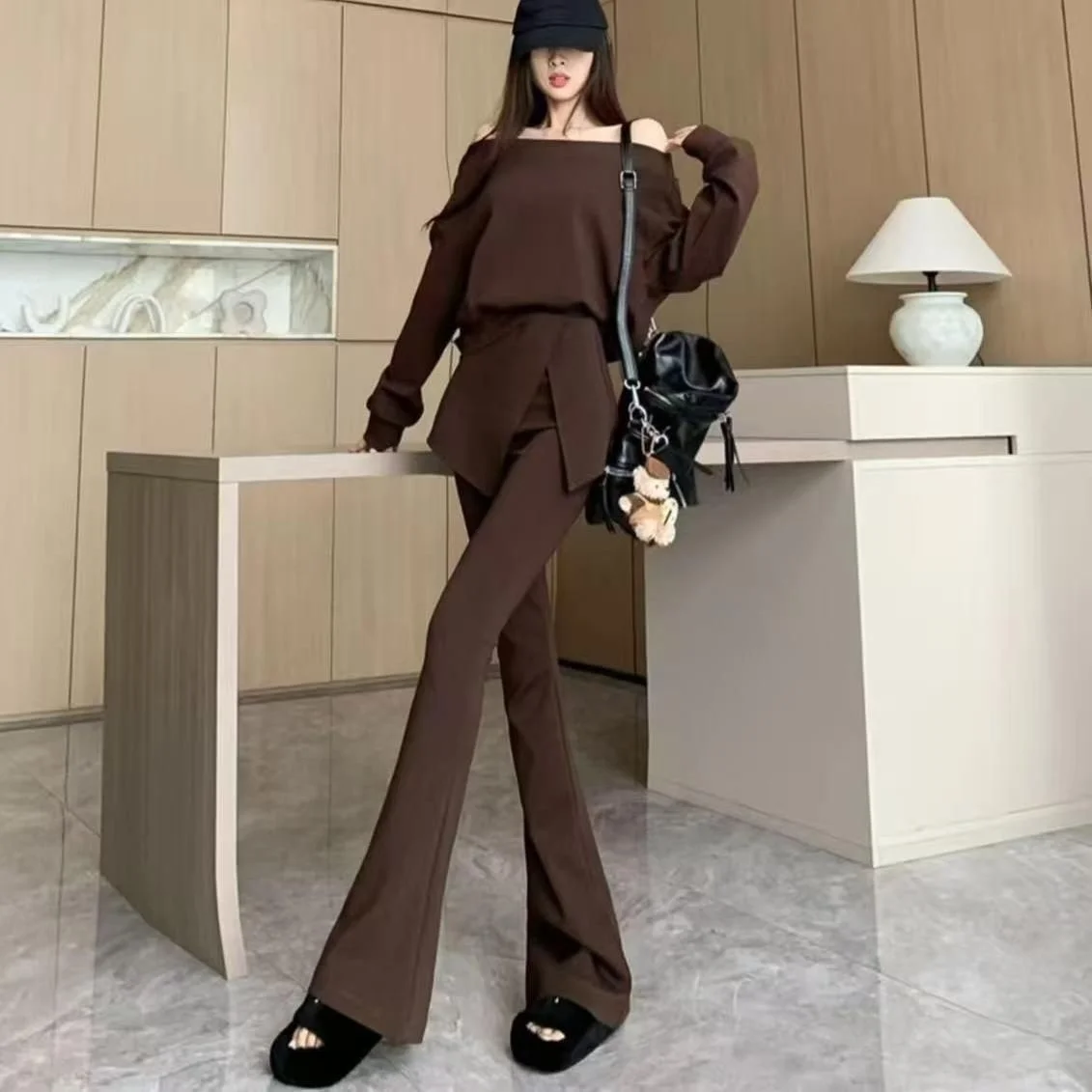 Calças bootcut kawaii feminino simples básico liso detalhe extravagante decorado embelezado bordado padrão de impressão floral listrado