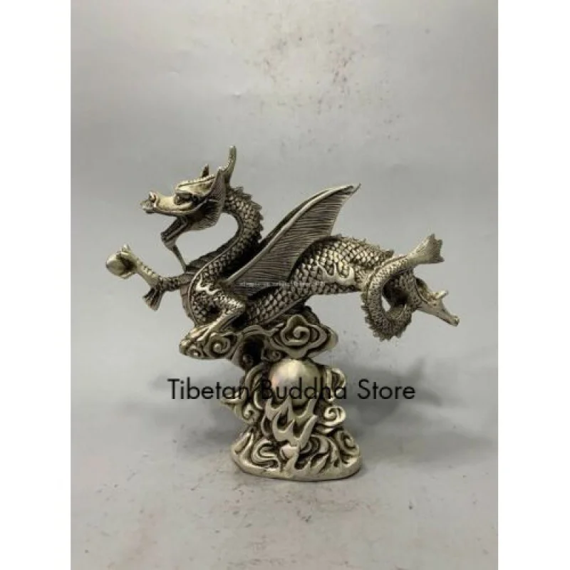 

8 inch bronze copper silver plating auspicious fortune winged dragon statue