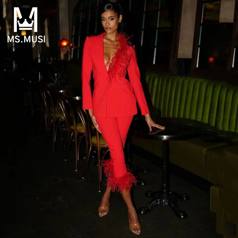 MSMUSI 2024 New Fashion Women Sexy Feather Two Piece Set Bodycon Party Long Sleeve Blazer Top Calf Pencil Long Pant Set Suit