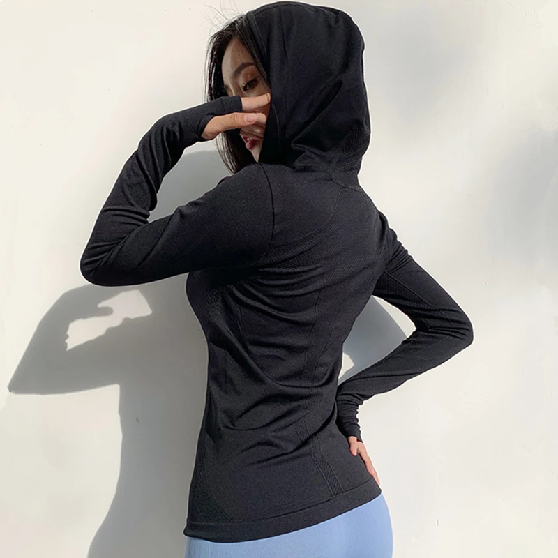 Women Sport Hoodies Zipper Running Jacket Quick Dry Yoga Coat Clothes Long Sleeve Sportwear Slim Gym Workout Fitness Hooded Tops