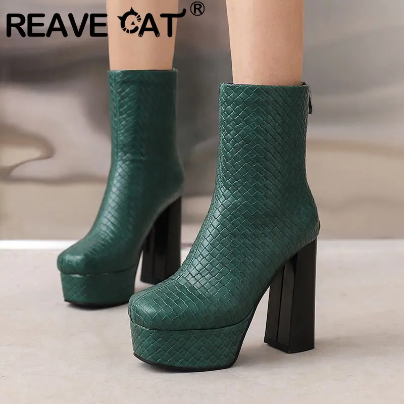 REAVE CAT Fashion Ladies Ankle Boots Toe High Heels 12.5cm Platform 3.5cm Sexy Women Booties Big Size 49 50