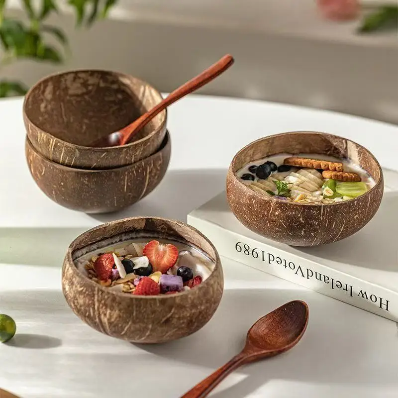 Cuenco de cáscara de coco, cuenco de cáscara de coco Natural, postre, azúcar, agua, ensalada, cuenco de comida ligero con cuchara, casa de madera