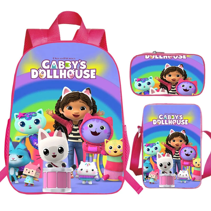 Children\'s 3pcs Set Backpack Gabby\'s Dollhouse Print Waterproof School Bags Girls Bookbag Cute Kindergarten Bag Preschool Kids