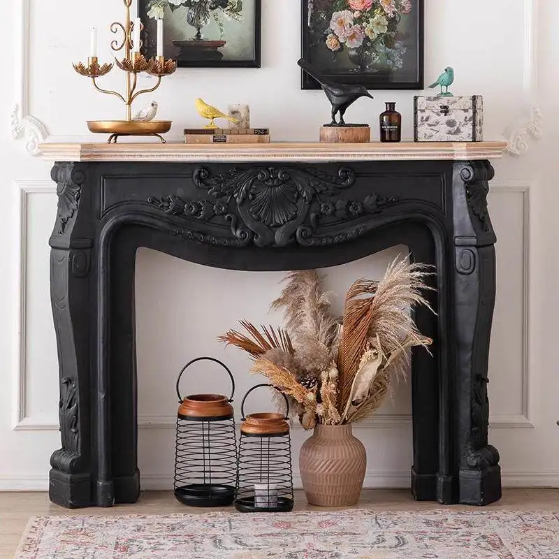 French retro fireplace decoration living room B & B carved foyer entrance platform black rural solid wood fake fireplace cabinet