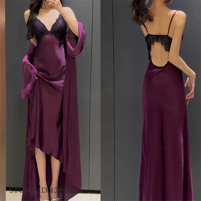 Elegant Women Long 2PCS Robe Set Female Sleepwear Sexy Patchwork Lace Nightgown Lingerie Summer Silk Satin Home Dress Loungewear - Image 6