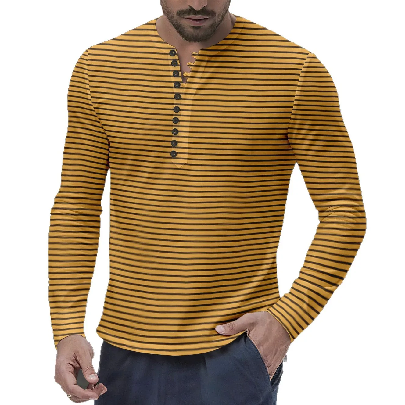 European American Men's Autumn and Winter Versatile Base Long-sleeved Casual Horizontal Striped Henry T-shirt