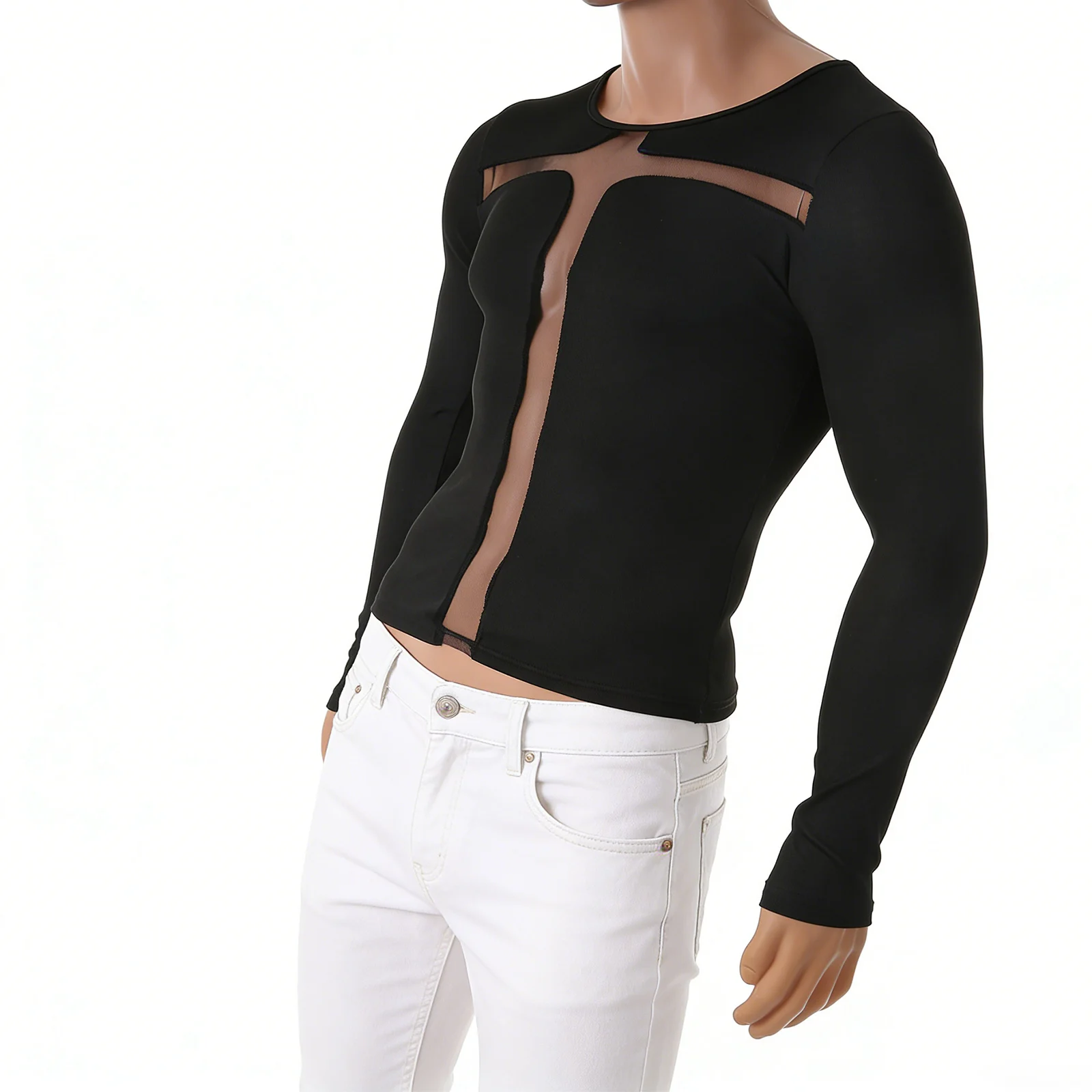 Herren Mode T-Shirt Frühling Streetwear Mesh Cross Gothic Tees Tops Lässig Y2K Herbst Langarm Hochwertig Party T-Shirt – Detail 1