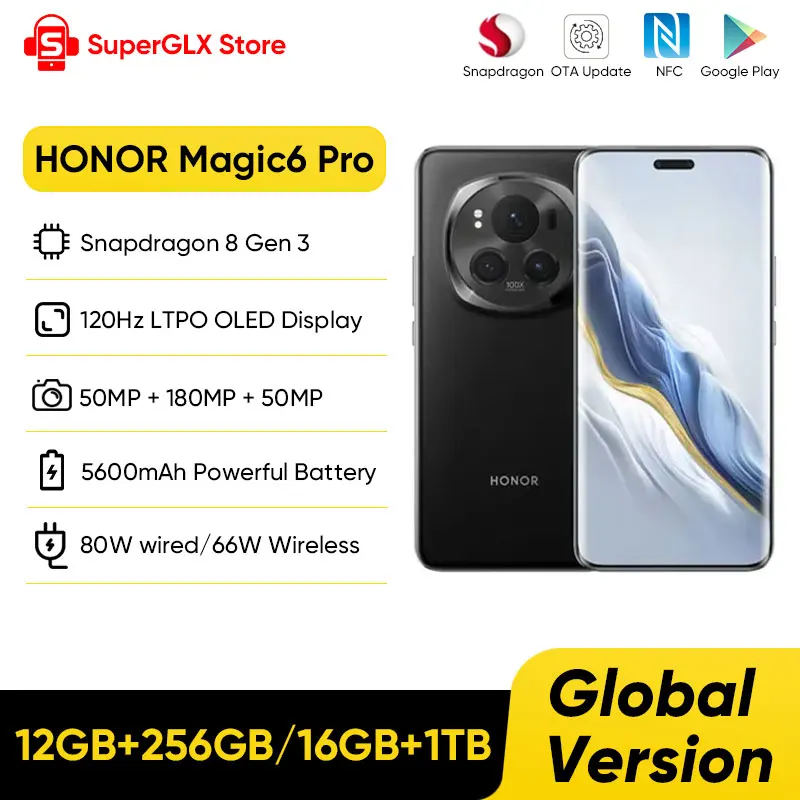 2024 new Global Version HONOR Magic6 Pro Snapdragon 8 Gen 3 6.8'' Quad-Curved Floating Screen 180MP Periscope Telephoto Camera