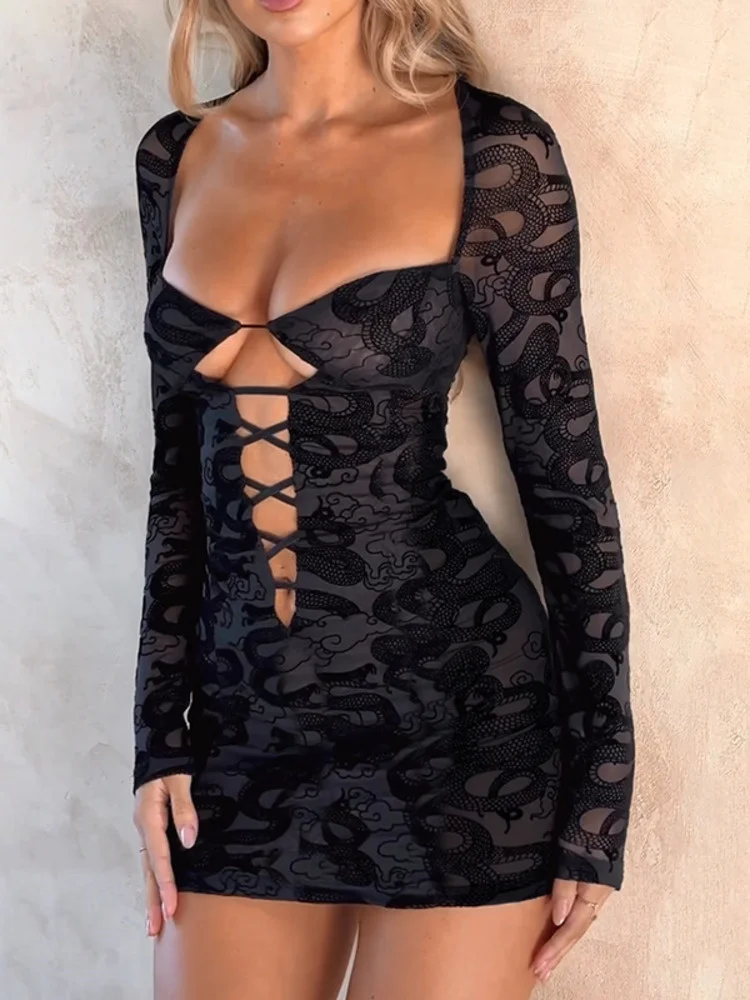 

New Women Autumn Mesh Hollow Out Sheer Long Sleeve Mini Dress New Black Bandage Bodycon Print Sexy Club Dress Vestidos