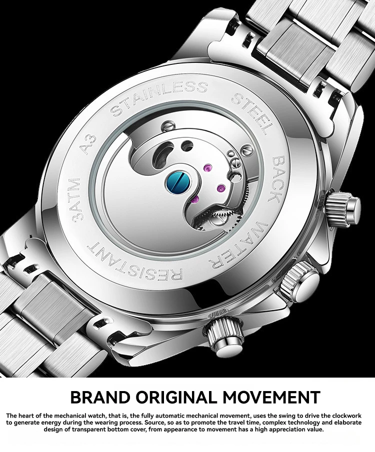 RUIGE Modische Trend-Herrenuhr mit Drei-Zifferblatt-Sechs-Zeiger-Edelstahlarmband, Automatische Mechanische Uhr – Detail 8