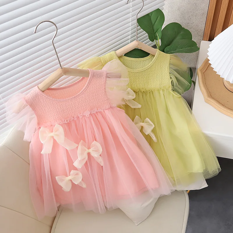 

Children Clothes Summer Baby Girl Dress Solid Color Bow Gauze Tutu Dress Wedding Flower Girl Dress