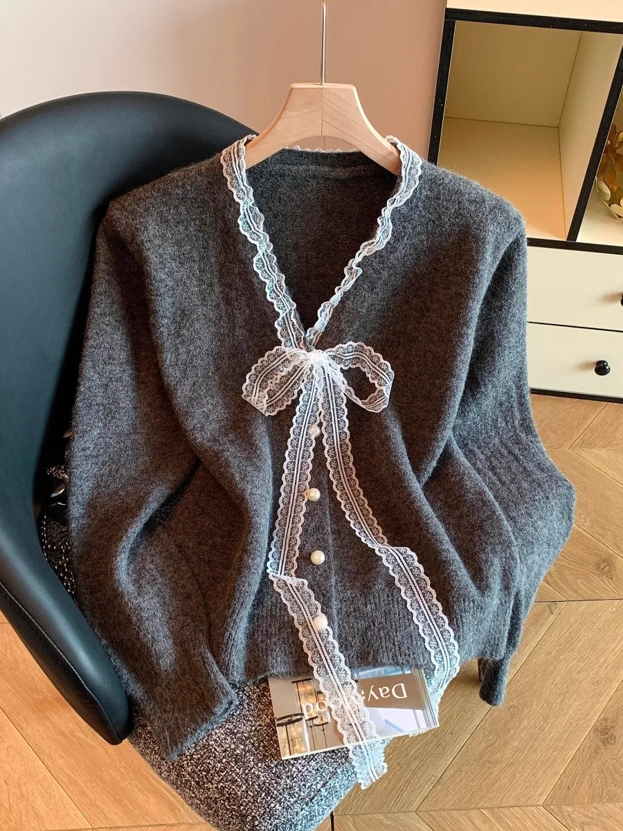 الضوء الأزرق جميلة لصق الدانتيل معقود الخامس على محبوك سترة مفتوحة المرأة الخريف الشتاء حبة زر واحد سترة #3