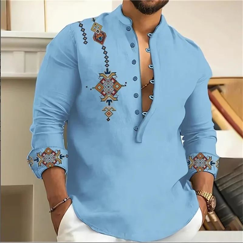 

Retro pattern solid color linen men's long sleeved shirt, casual and comfortable, fashionable and trendy, digital printing