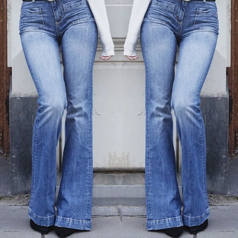 

Autumn and Winter Ladies Jeans Patch Pockets Sexy Thin Wide-leg Flared Pants Slim High-waisted Flared Pants Jeans