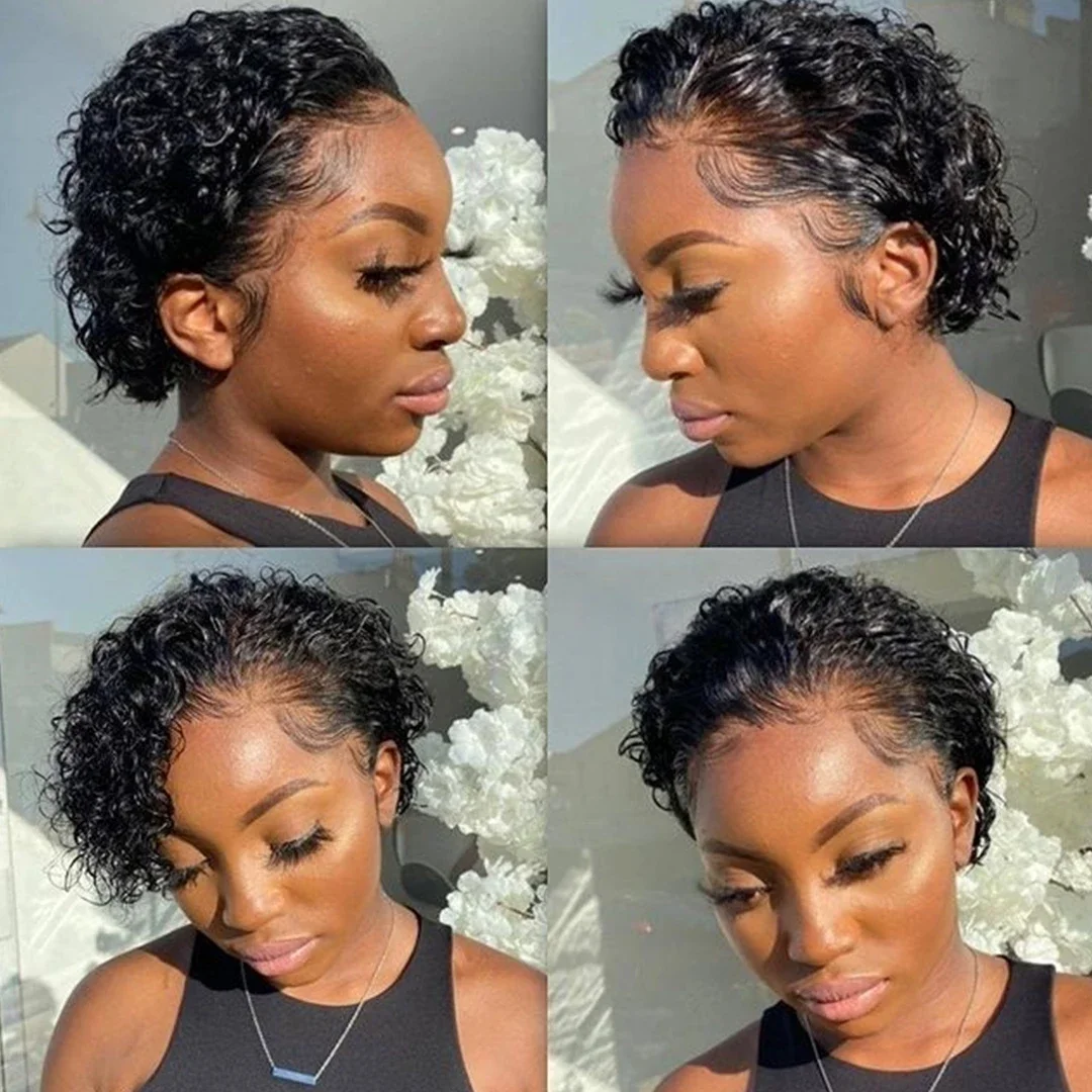 Wig potongan Pixie pendek murah Wig rambut manusia Bob keriting 13x1 Wig Frontal renda pra-pencabutan Wig depan untuk wanita gelombang dalam air