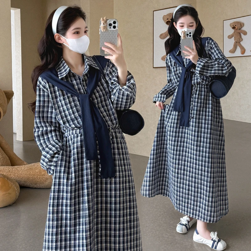 Women's Dress Preppy Style Casual Lady Clothes Plus Size Maternity Plaid Dress for Summer Puff Sleeve O-neck Long Loose Pregnant