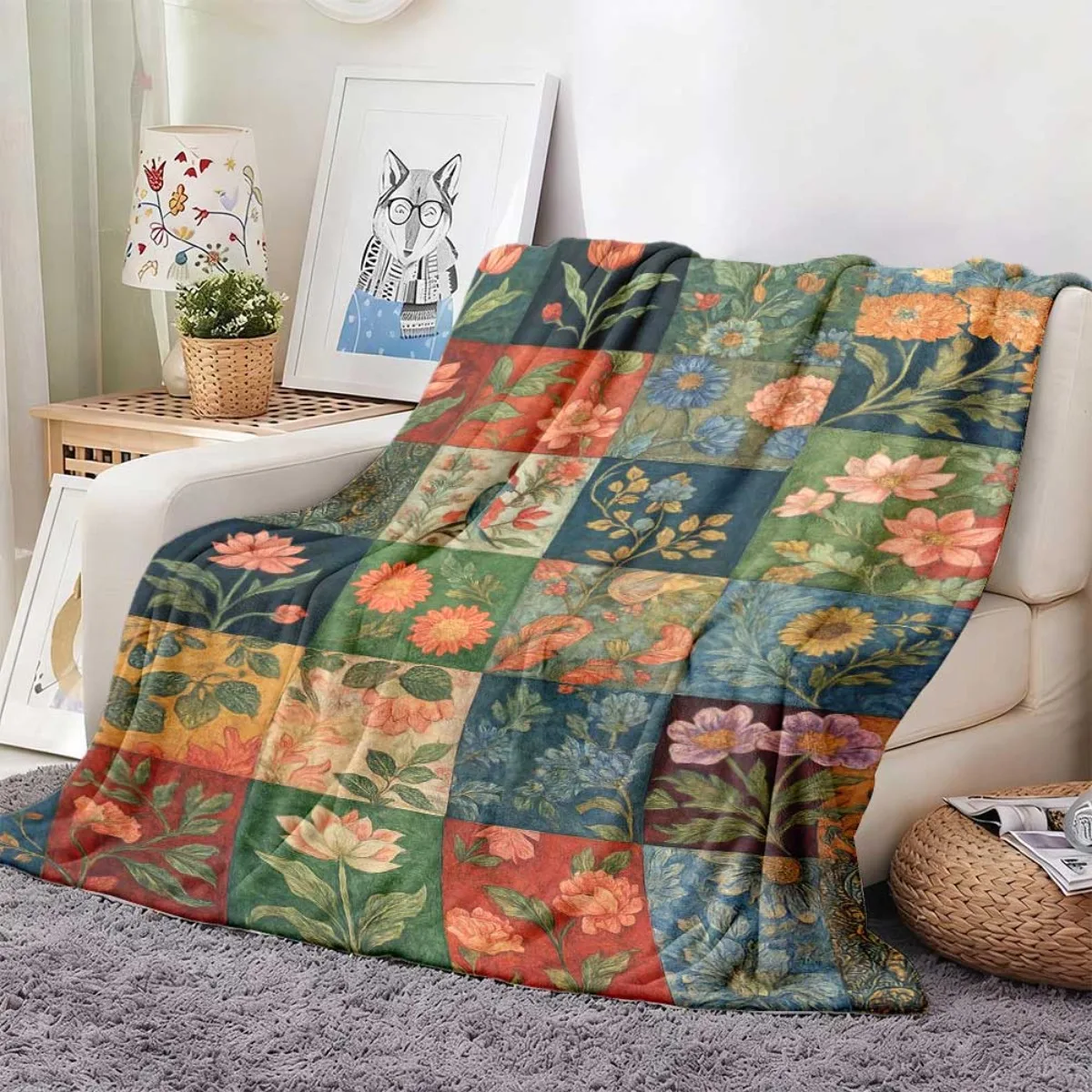 Antique Botanical Patchwork Flannel Blanket,Multi Panel Vintage Floral Pattern Lightweight Throw Blanket for Bed Couch Daily Use