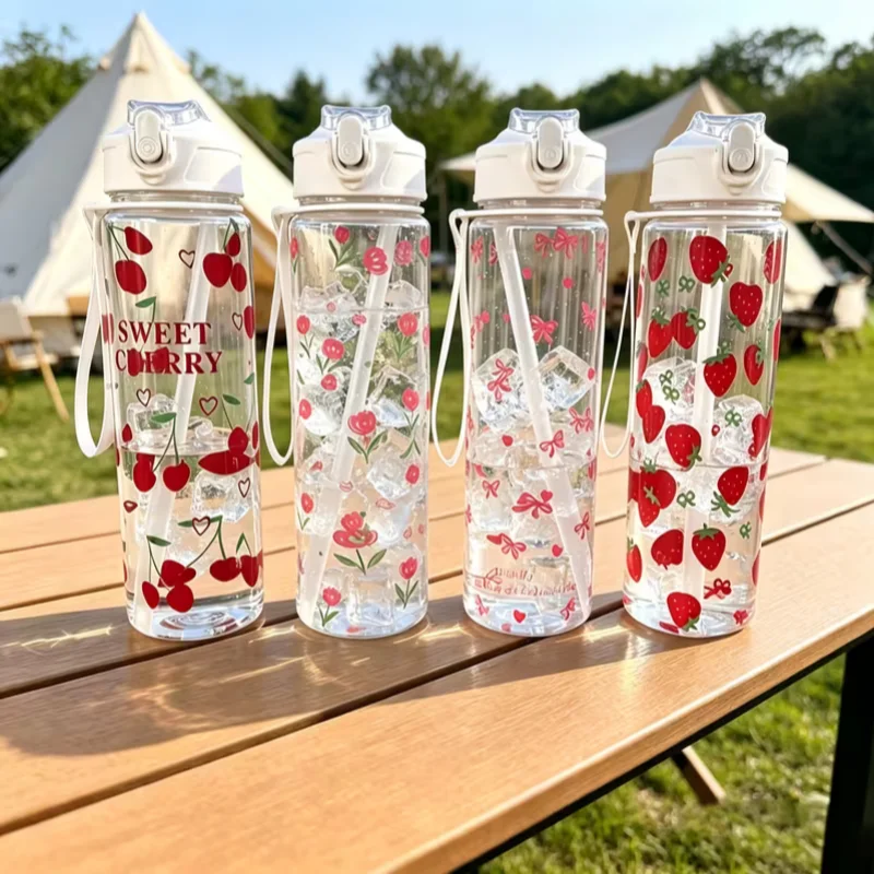 750ML Cute Strawberry Floral Cherry Bow Tumbler One-Button Pop-Up Lid Straw Cup with Handle for Travel Sports Leak-Proof Bottle