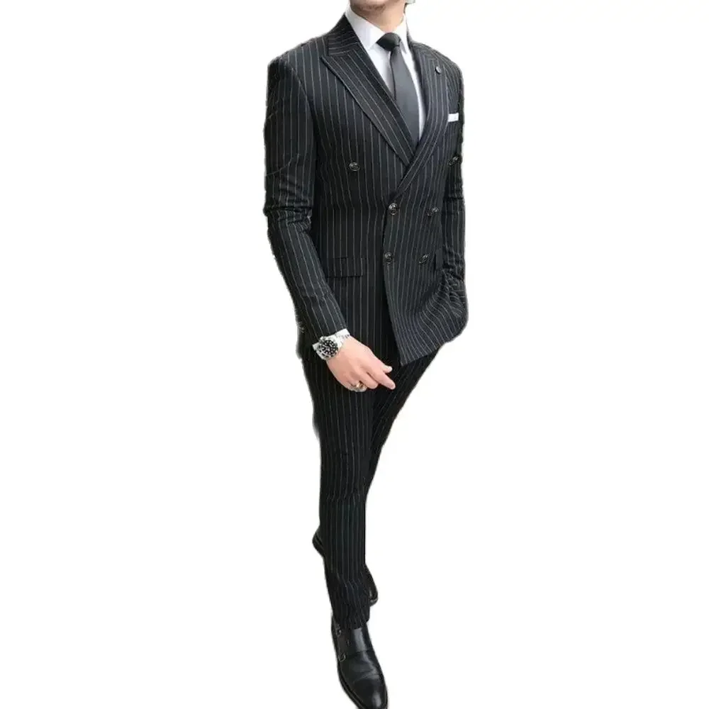 High-end Black Striped Men Suit Elegant Party Wedding 2 Pieces Fashion Smart Casual Formal Male Suit Slim (Blazer+Pants)