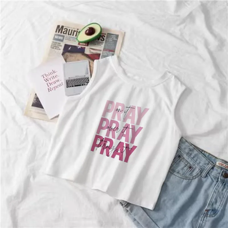 Woman Fashion Sexy White Crop Tops Y2k PRAY Graphic Print Vest Aesthetic Cut Short Tank Top Summer Street Harajuku Goth Clothing